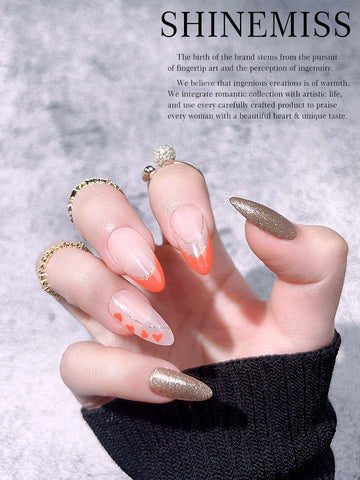 Short Press on Almond Nails Handpainted with Heart Shinemiss 0011HP015