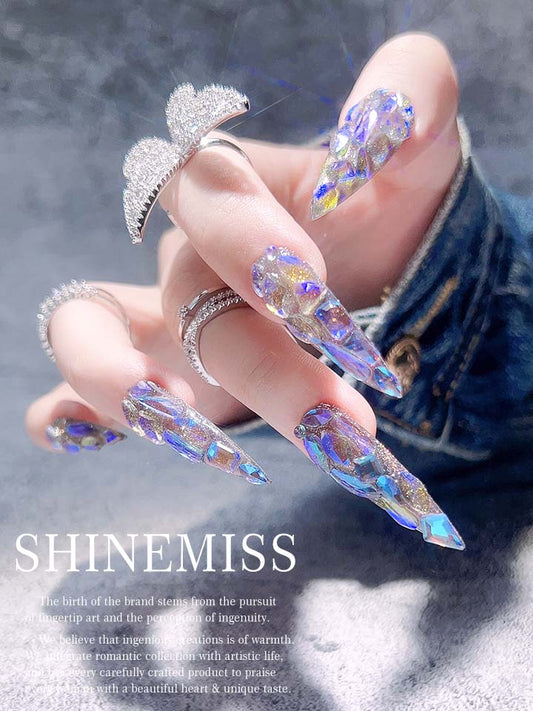 Rhinestones Press on Nails Long Stiletto Monet Wave Light Shinemiss 0126Rh017
