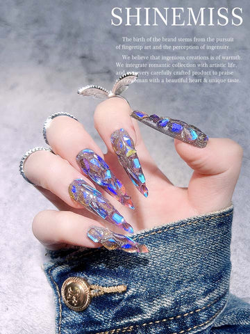 Rhinestones Press on Nails Long Stiletto Monet Wave Light Shinemiss 0126Rh017