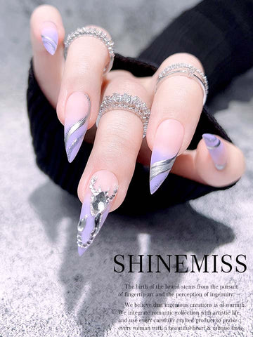 Stiletto Purple Nails with Rhinestones  Femme Fatale Shinemiss 0182Rh008