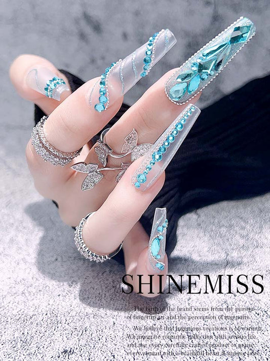 Long Presson Blue Rhinestones Nails Full Hand Gem Shinemiss 0183Rh009