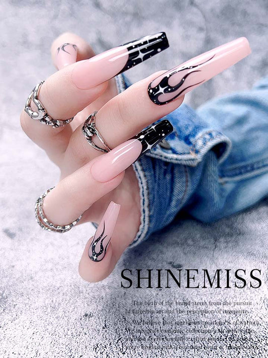 Glowing in Dark Nails Black Frame French Press ons with stars Shinemiss 0184Gl009