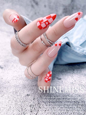 Short Almond Nails with Heart Spring Throbbing Shinemiss 0189HP019