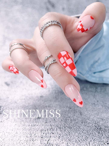 Short Almond Nails with Heart Spring Throbbing Shinemiss 0189HP019