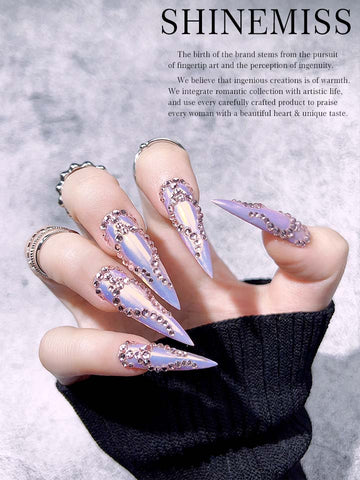 Long Nails with Rhinestones Pink Flame Shinemiss 0202Rh010