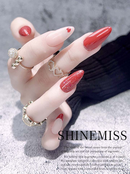 Red Press on Nails Almond Fiery Heart Shinemiss 0208HP021