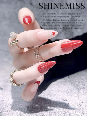 Red Press on Nails Almond Fiery Heart Shinemiss 0208HP021
