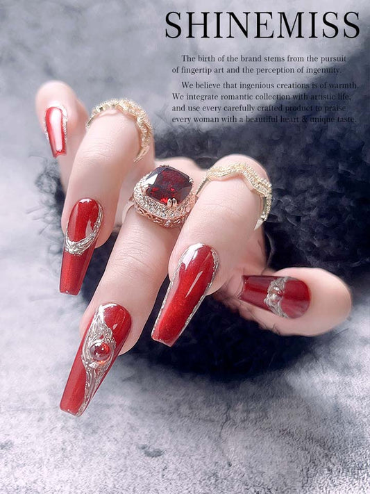 Red Cateye Nails Shinning Crown Love Shinemiss 0227Zi001