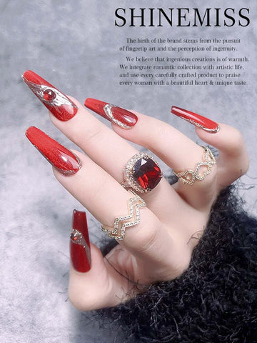 Red Cateye Nails Shinning Crown Love Shinemiss 0227Zi001