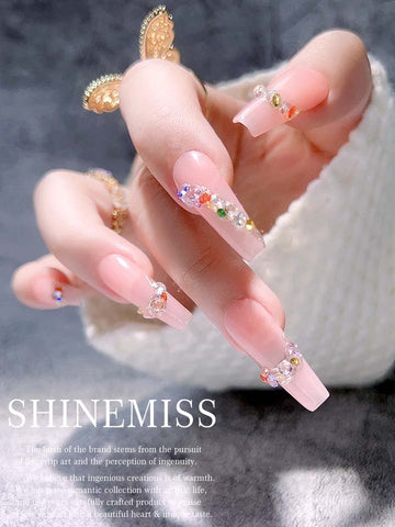 Luxury Nails Zircon Shinemiss Spring Breeze Pink Press ons Shape 0239Zi007