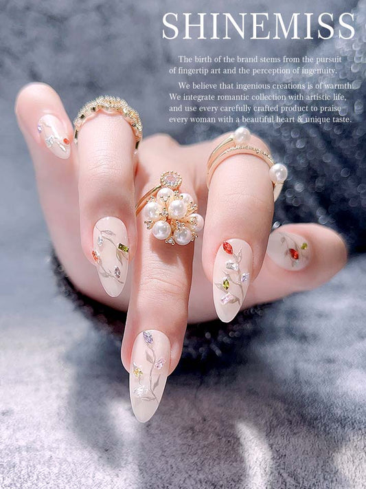 Customed  Nails Short Almond with Zircon Shinemiss Branches 0240Zi008