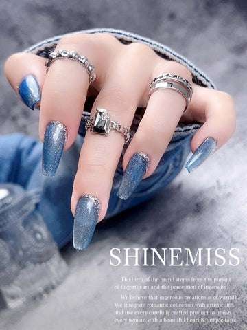 Press-on Halo Blue Cateye Short Coffin Nails Shinemiss 0100CEDT006