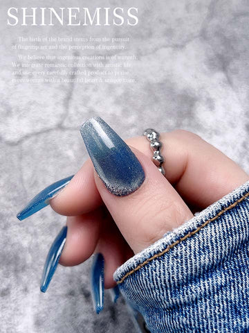 Press-on Halo Blue Cateye Short Coffin Nails Shinemiss 0100CEDT006