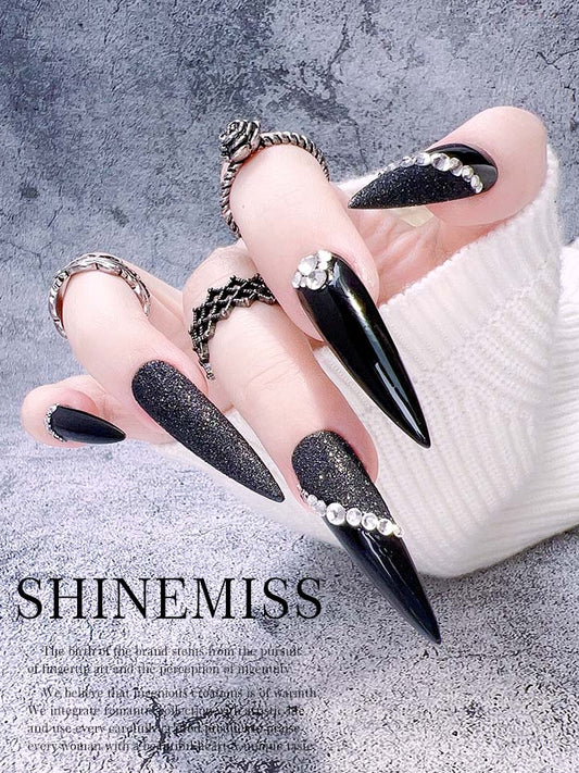 Long Stiletto Custom Nails Black Glam Shinemiss 0125Sh017