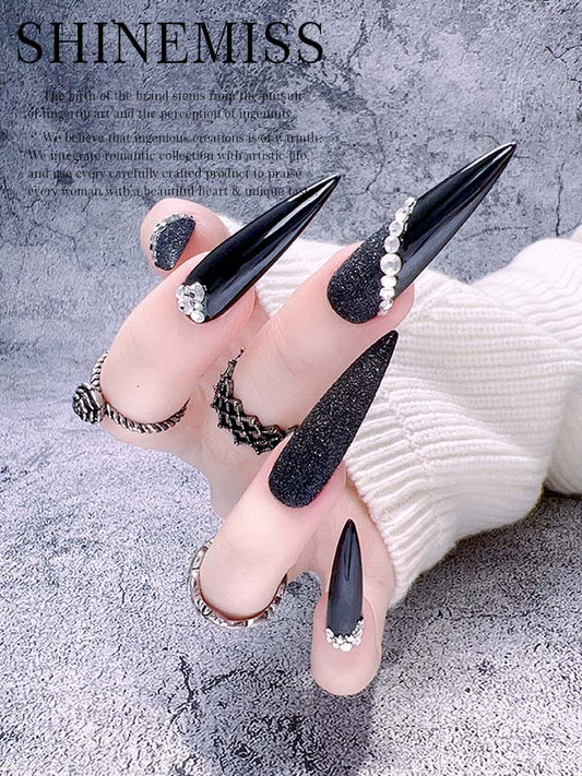 Long Stiletto Custom Nails Black Glam Shinemiss 0125Sh017