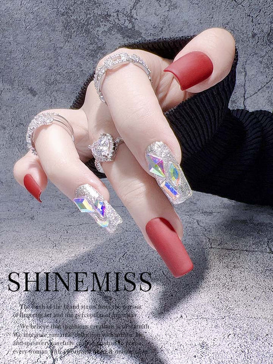 Rose & Gem Rose Red Nails with Rhinestone Fake Nails Shinemiss 0142Sh019