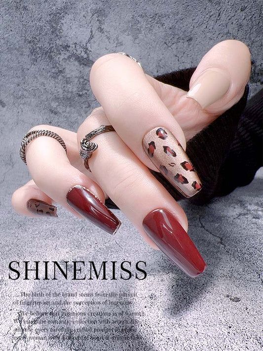 Short Leopard Cateye Nails Red Fake Nails Shinemiss 0150CEDT008