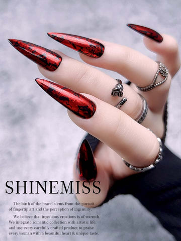 Medium Stiletto Press on Red Black Nails Shinemiss Volcano 0162HPCJ001