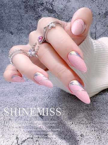 Almond Press on Chrome Lovely Pink Nails Shinemiss 0171HPCX001