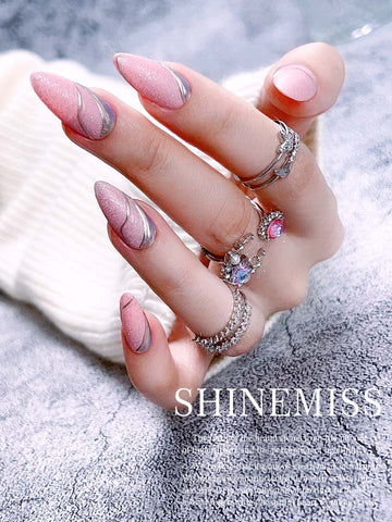 Almond Press on Chrome Lovely Pink Nails Shinemiss 0171HPCX001