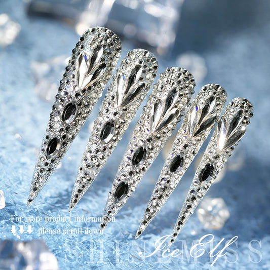Long Stiletto Nails with White Diamond Custom Nails Shinemiss Ice Elf 0212Sw007