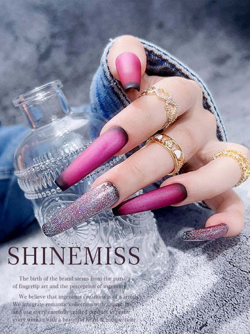 Fashion Sparkle Rose Red Nails Coffin Presson Shinemiss 0002ShCT001