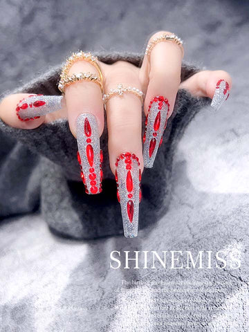 Shinemiss Swarovski Press on Sparkle Rudy Long Red Nails 0025Sw001