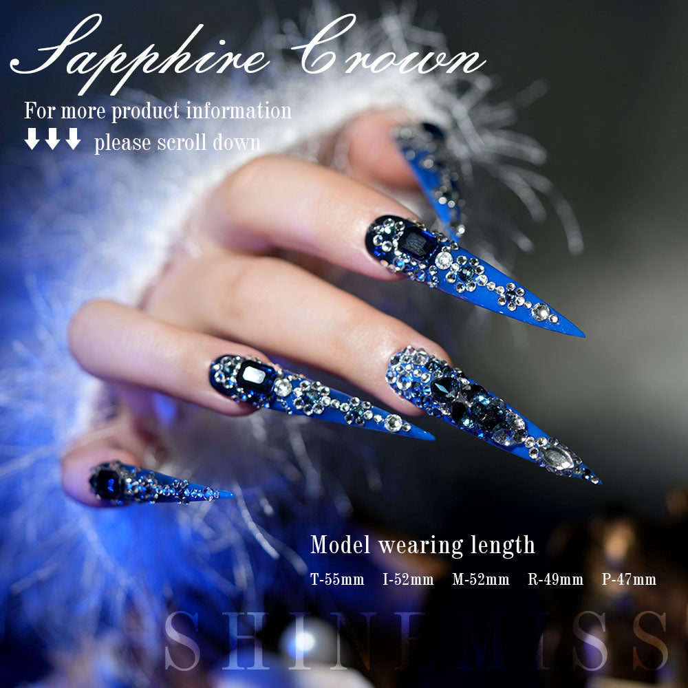 Blue Premium Diamond Nails Stiletto Shinemiss Sapphire Crown 0219Sw014