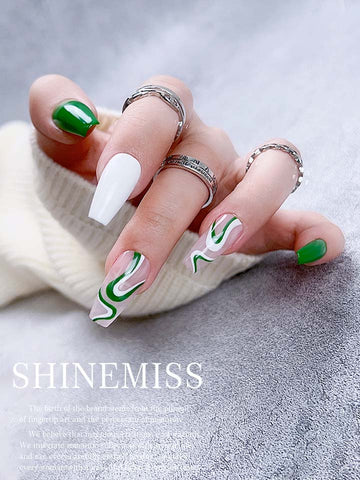 Medium Coffin False Nails  Green White Swirls Presson Shinemiss 0031HPDT001