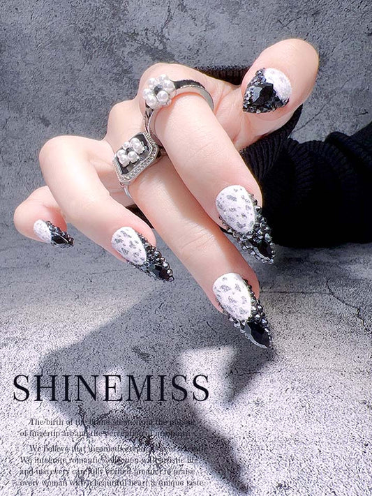 Shinemiss French Nails Short Cateye with Swarovski Spotted Fur 0034Sw002