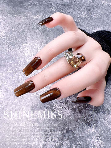 Short Square Nails Red Sherry  Cateye for Girls Shinemiss 0035CEDF001