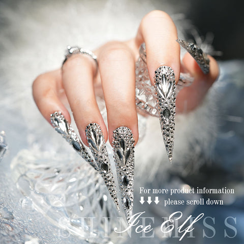 Long Stiletto Nails with White Diamond Custom Nails Shinemiss Ice Elf 0212Sw007