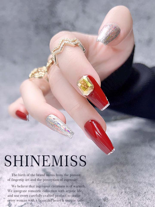 Shinemiss Wine Red & Glitter Nails Short Fashion Press on0049Sh002