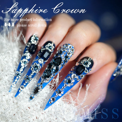 Blue Premium Diamond Nails Stiletto Shinemiss Sapphire Crown 0219Sw014