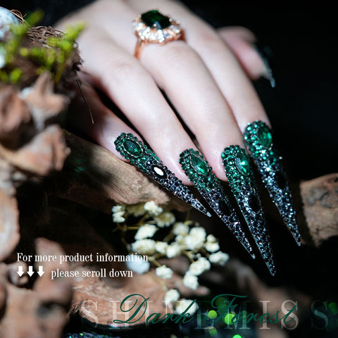 Press on Nails Swarovski Black Green Shinemiss Dark Forest 0209Sw004