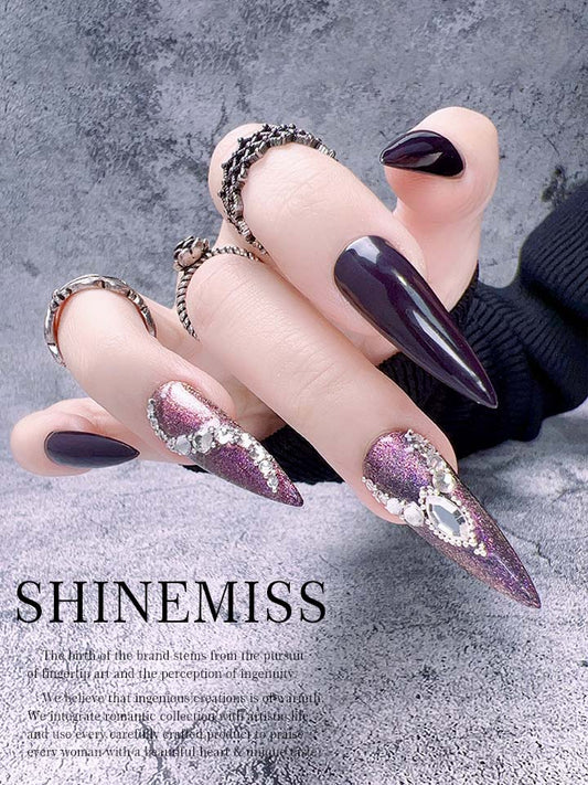 Purple Nails Stiletto Press on with Rhinestone Purple Galaxy Shinemiss 0092Sh010