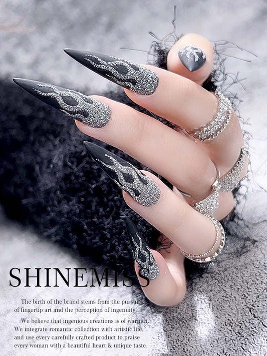 Long Stiletto Silver Flame Nails Shinemiss 0098ShCJ002